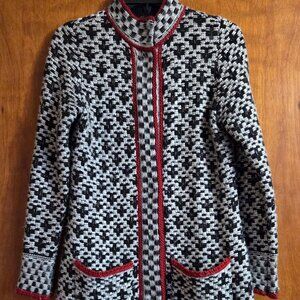 Chicos Jacket Women's 1 Medium Black Red Long Sweater Mock Neck Snap Wool Blend